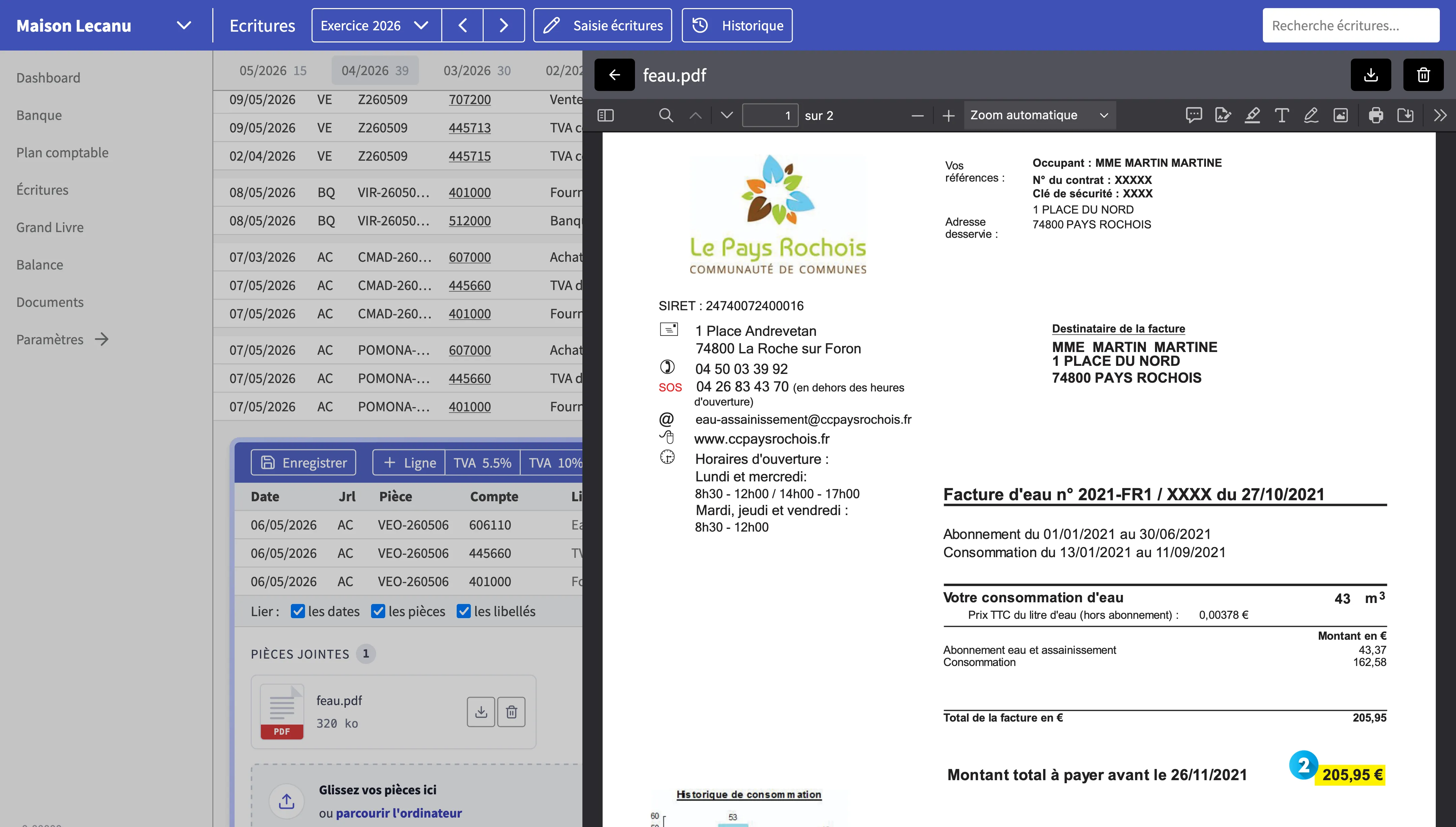 Écriture avec aperçu de la facture jointe en PDF